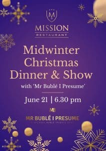 Christmas themed background image of decorations with text advertising a midwinter Christmas.